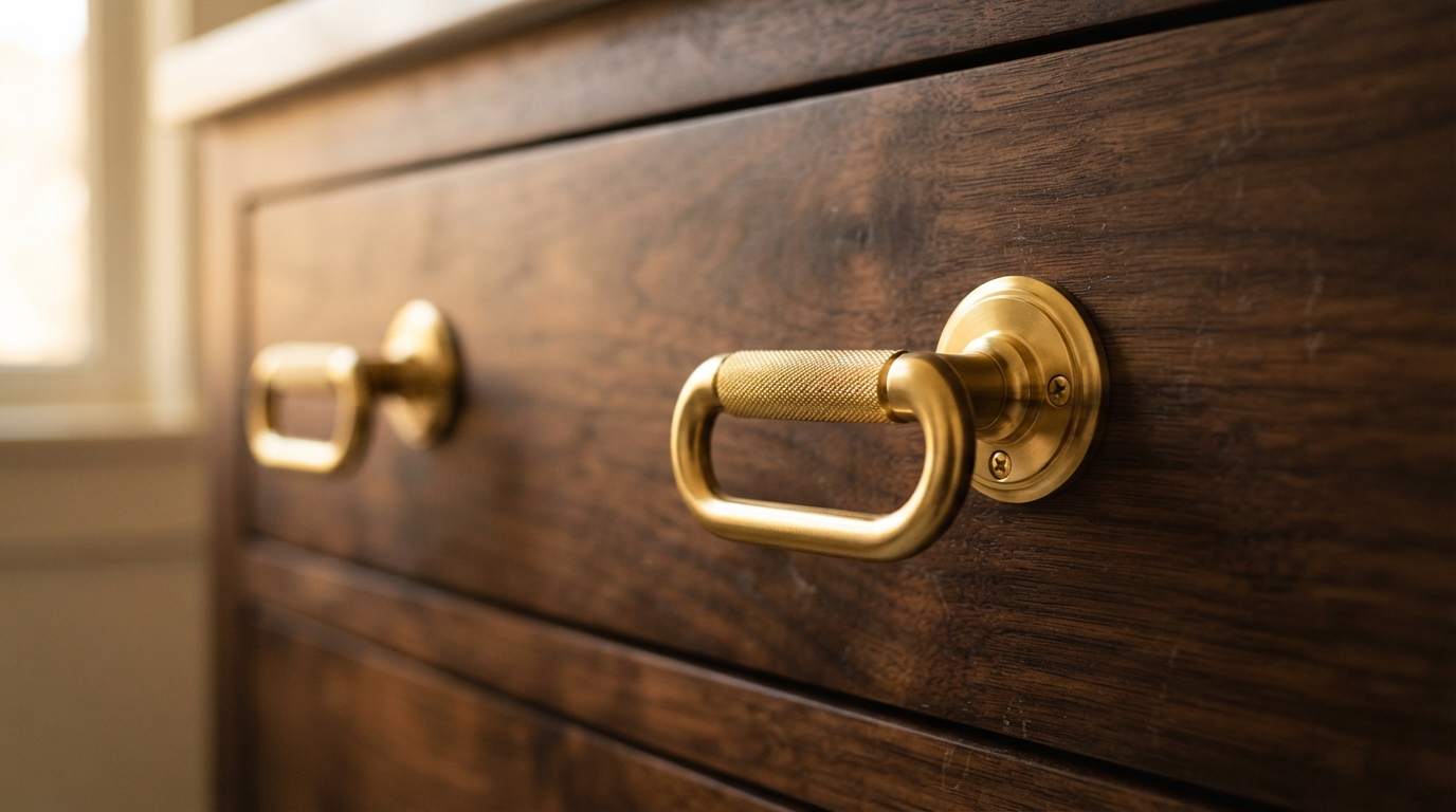 Brushed gold drawer pulls on a vanity