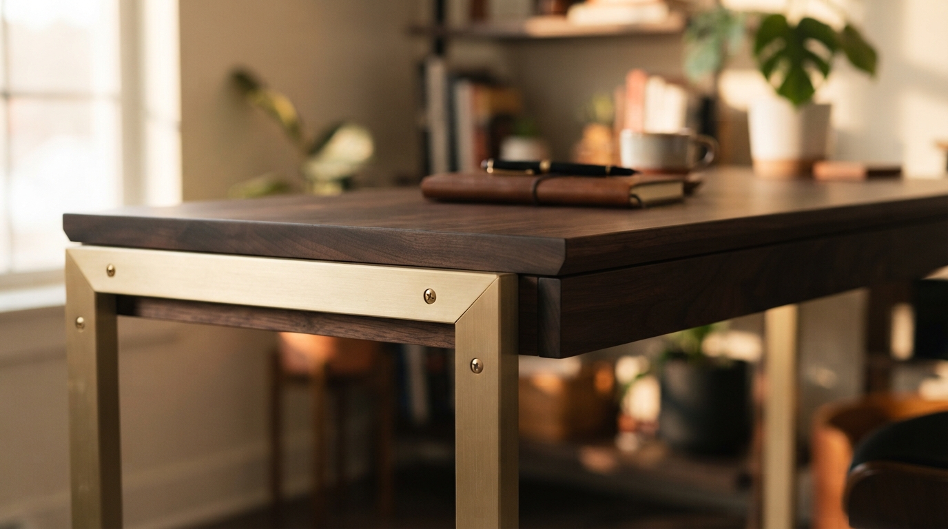 Brushed gold leg detail on a walnut desk corner