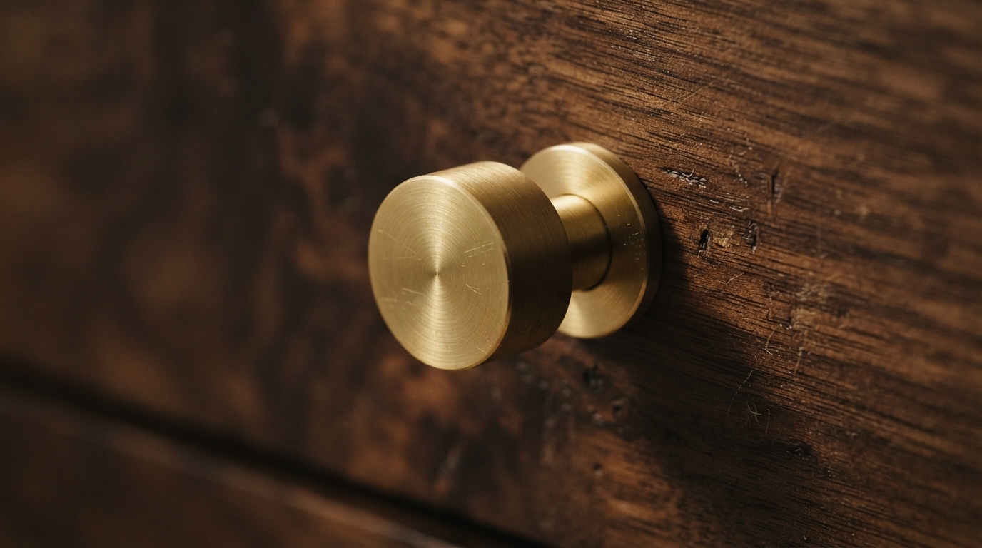 Brushed gold knob hardware on a walnut wardrobe door