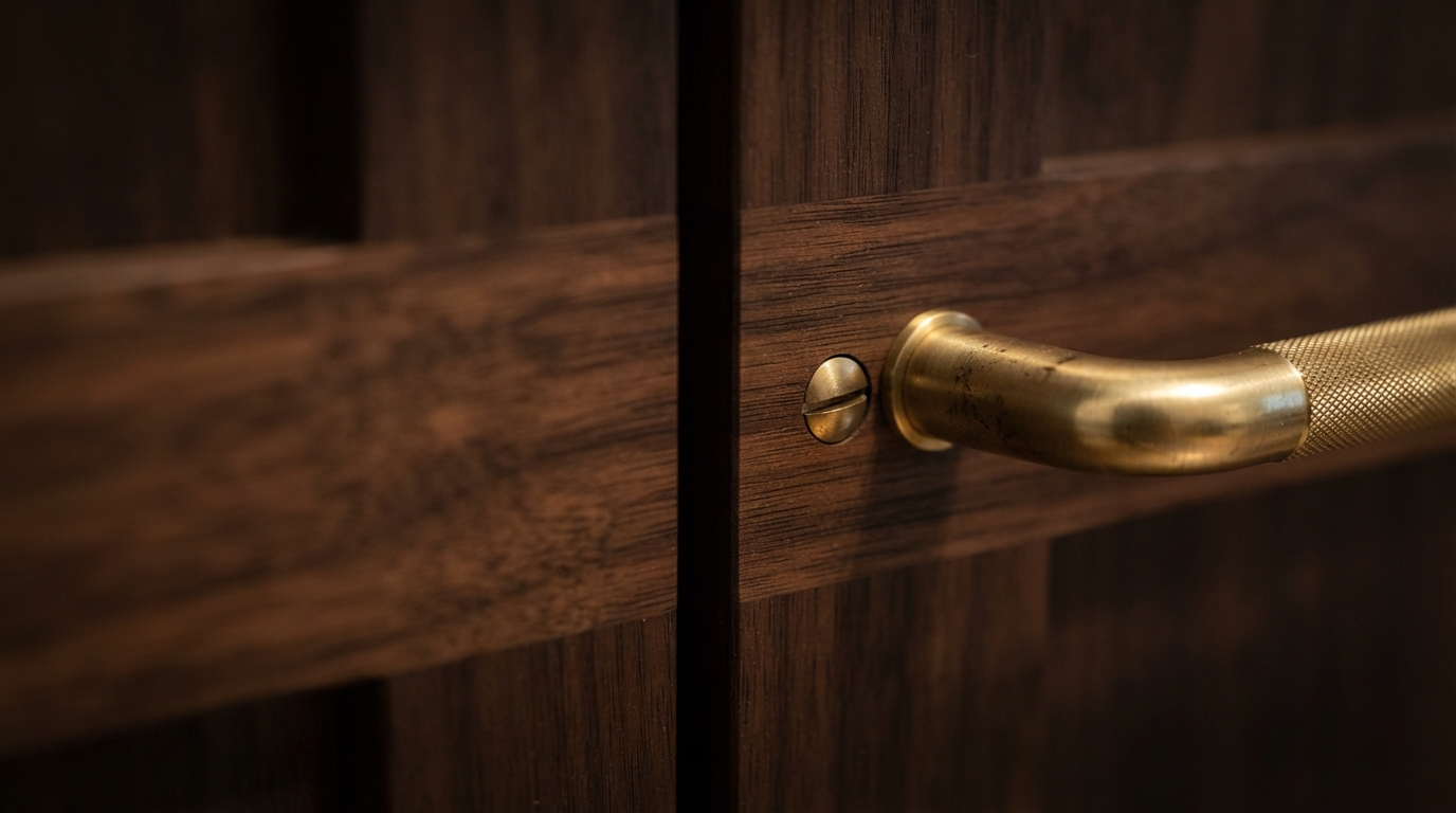 Brushed gold handle detail on a wardrobe door